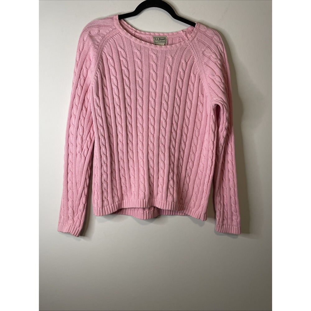 L.L.Bean Womens M Pink Cable Knit Cotton Crewneck Sweater Preppy Coastal VTG